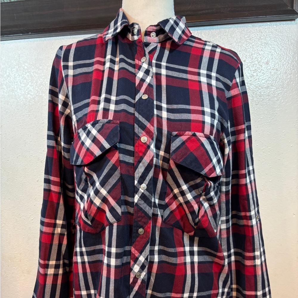Zara Red Navy White Plaid Button-Down Shirt
